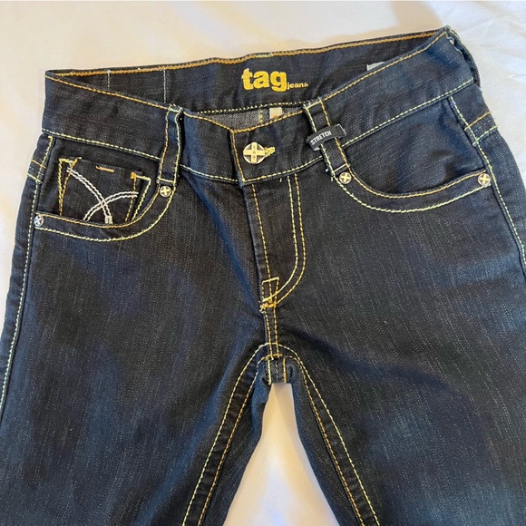 Tag Denim Jeans Embroidered Bootcut Black Dark Wash ID# 1067 Stretch Size 27 EUC - Picture 7 of 16